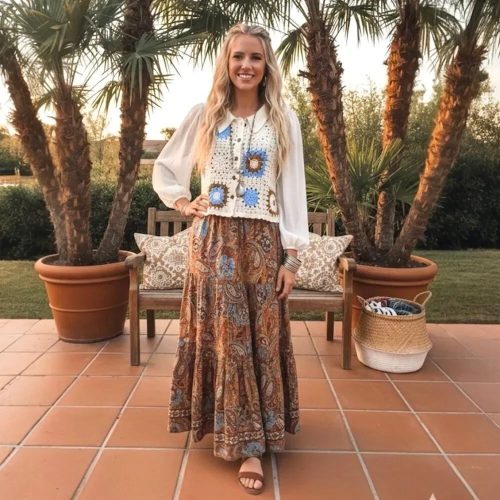 Crochet Granny Square Button Knit Cardigan Boho Cottage Long Sheer Sleeves SZ XS